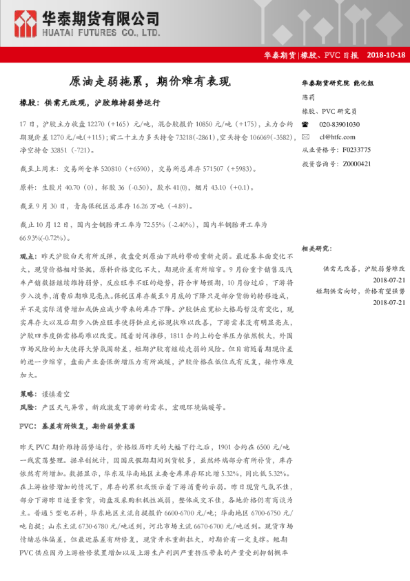 橡胶、PVC日报：原油走弱拖累，期价难有表现