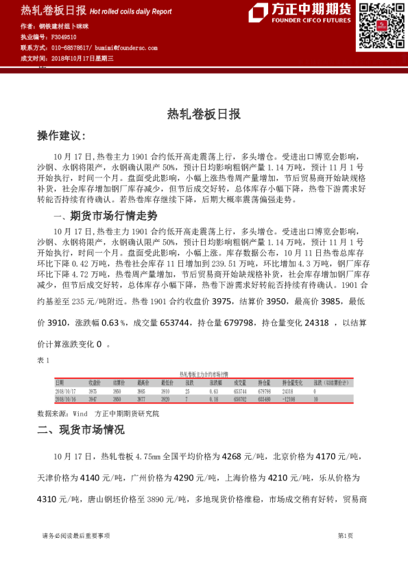 方正中期期货热轧卷板日报