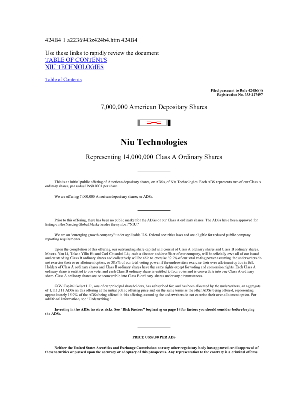 牛电科技美股招股说明书(2018-10-19版)