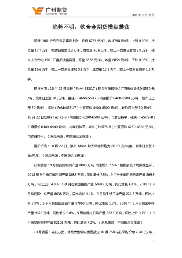 趋势不明，铁合金期货横盘震荡