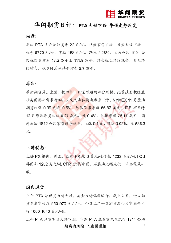 日评：PTA大幅下跌 警惕走势反复