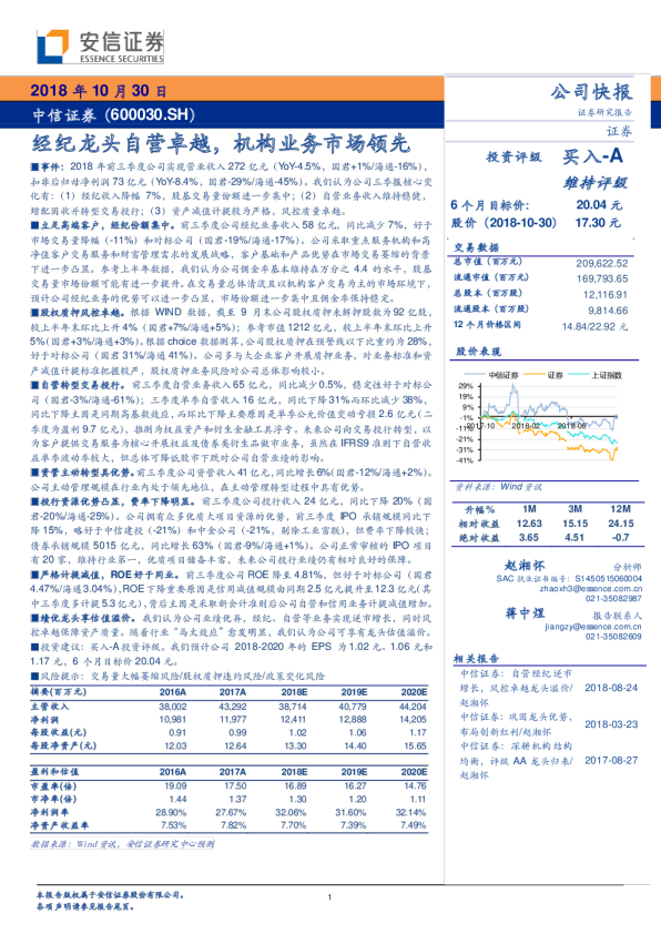 经纪龙头自营卓越，机构业务市场领先