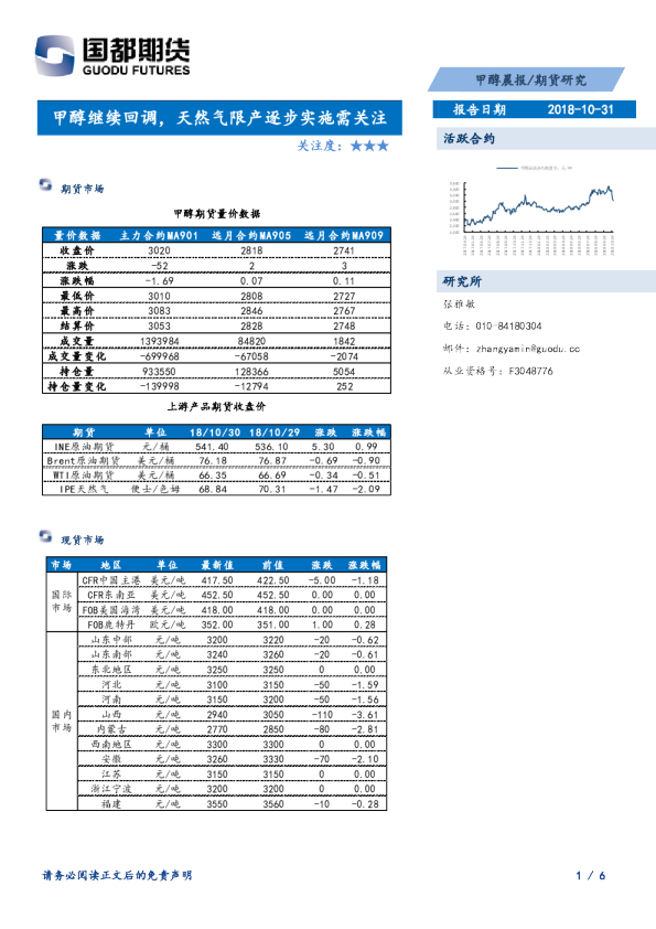 甲醇晨报：甲醇继续回调，天然气限产逐步实施需关注