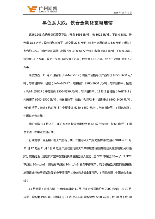 铁合金日评：黑色系大跌，铁合金期货宽幅震荡