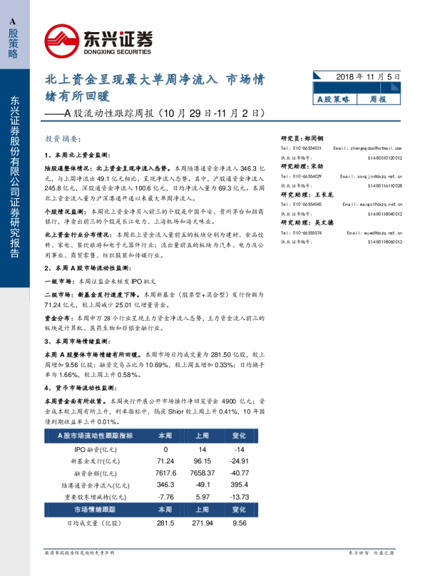 A股流动性跟踪周报（2018.10.29-2018.11.02）：北上资金呈现最大单周净流入市场情绪有所回暖