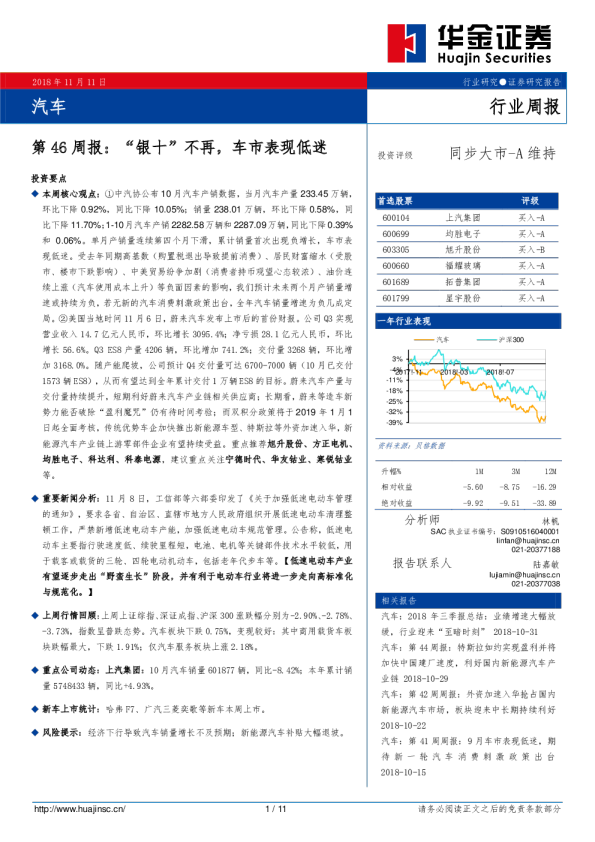 汽车行业第46周报：“银十”不再，车市表现低迷