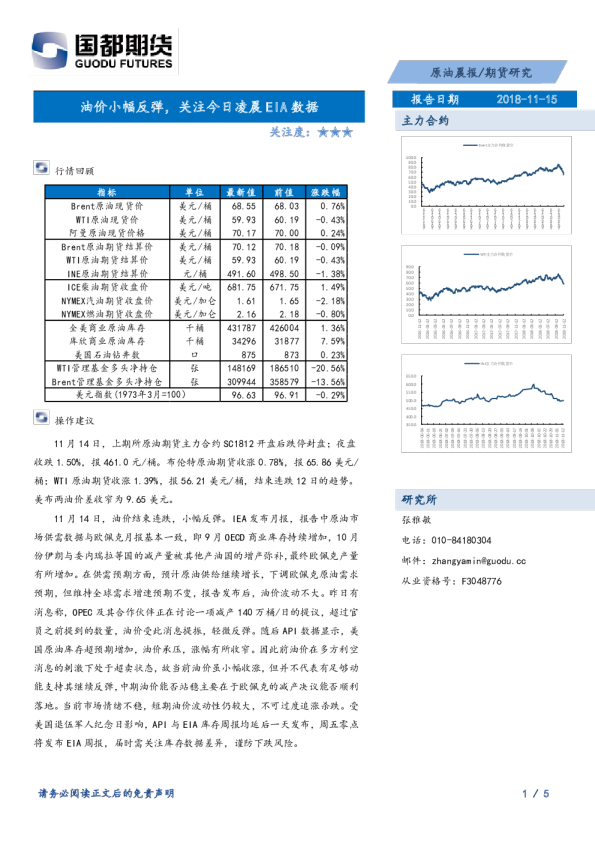 油价小幅反弹，关注今日凌晨EIA数据