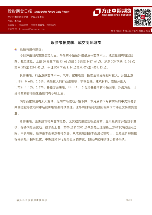 股指窄幅震荡，成交明显缩窄