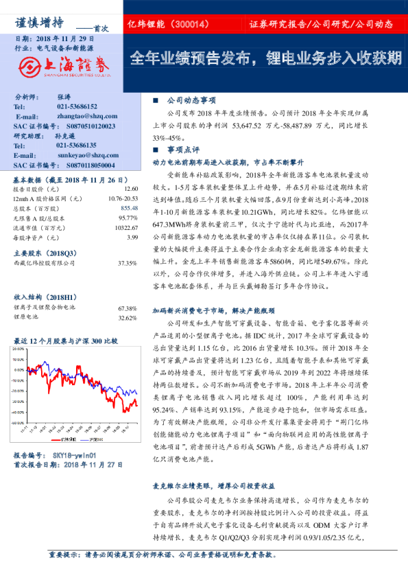 全年业绩预告发布，锂电业务步入收获期