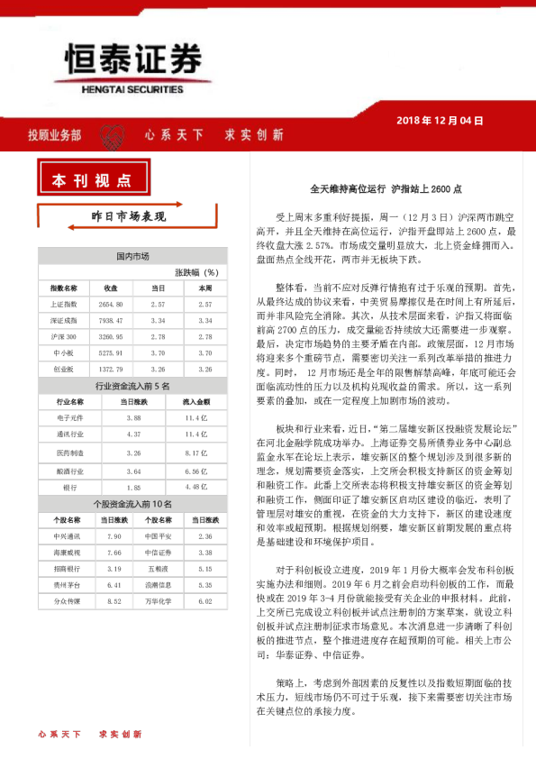 恒泰日刊：全天维持高位运行 沪指站上2600点