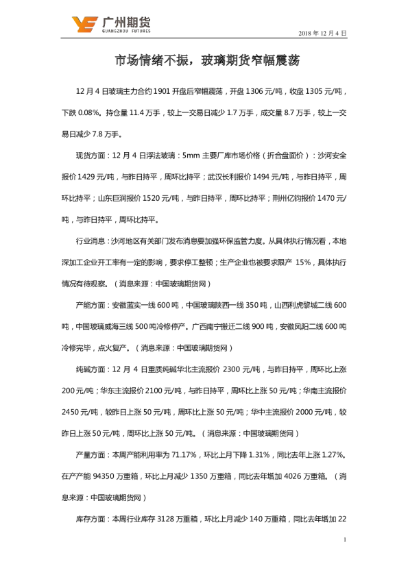 市场情绪不振，玻璃期货窄幅震荡