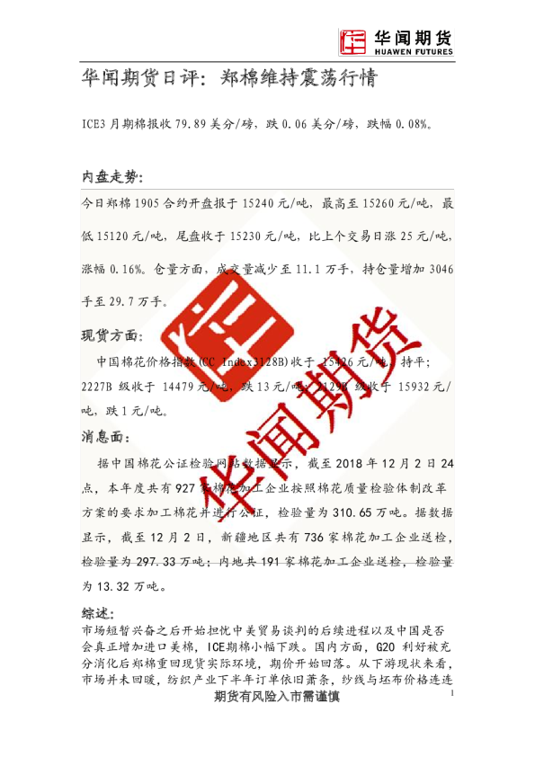 日评：郑棉维持震荡行情