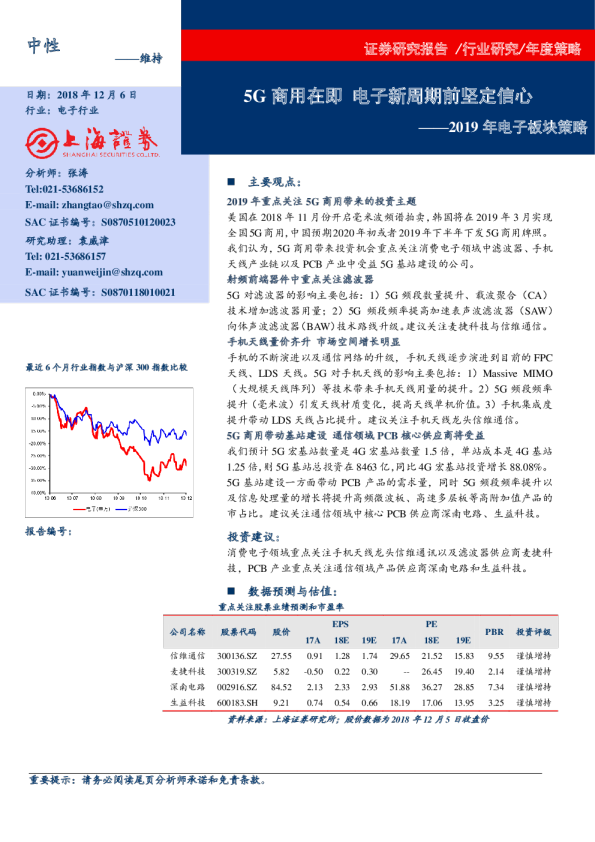 2019年电子板块策略：5G商用在即 电子新周期前坚定信心