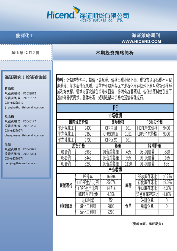 能源化工：本期投资策略简析