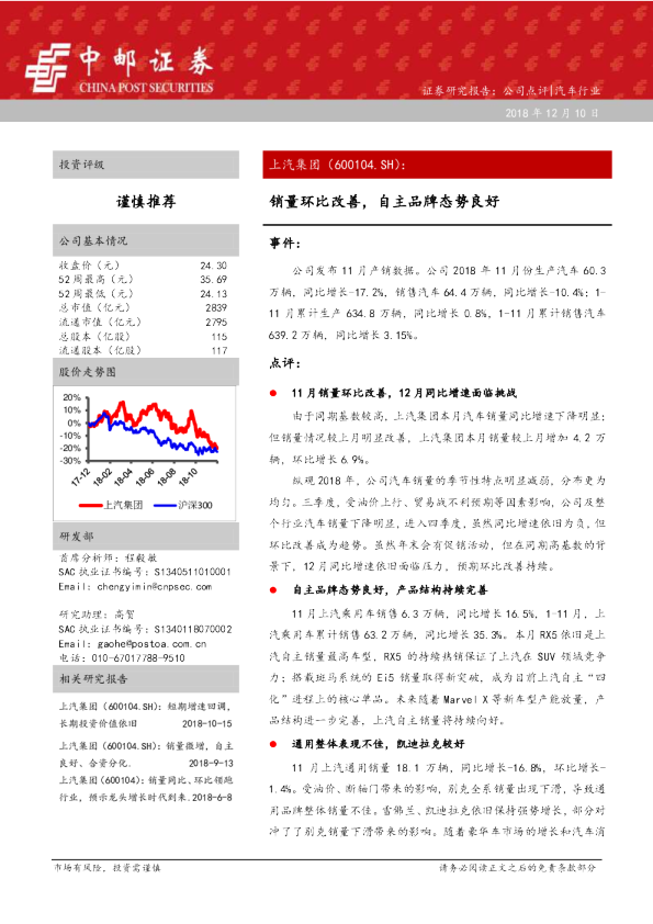 销量环比改善，自主品牌态势良好