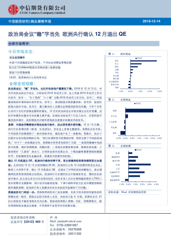商品策略早报：政治局会议“稳”字当先，欧洲央行确认12月退出QE