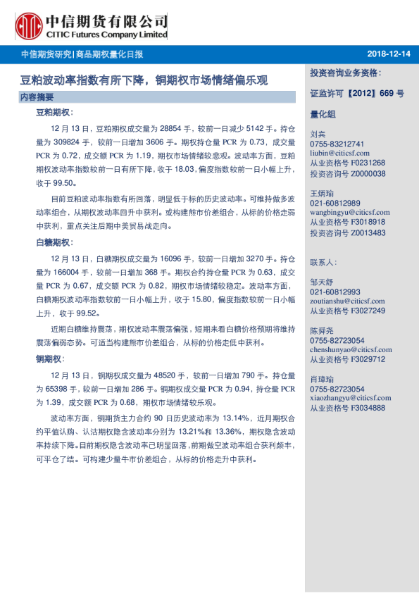 商品期权量化日报：豆粕波动率指数有所下降，铜期权市场情绪偏乐观