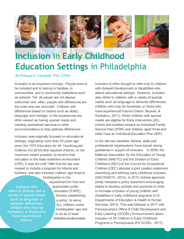 Inclusion in early childhood education settings in philadelphia