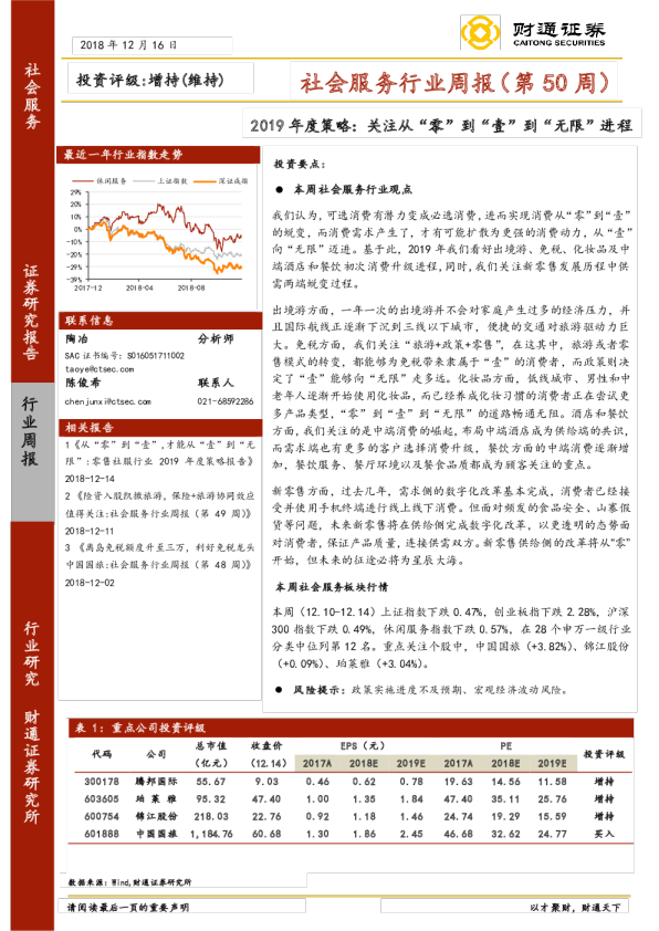社会服务行业周报（第50周）：2019年度策略，关注从“零”到“壹”到“无限”进程