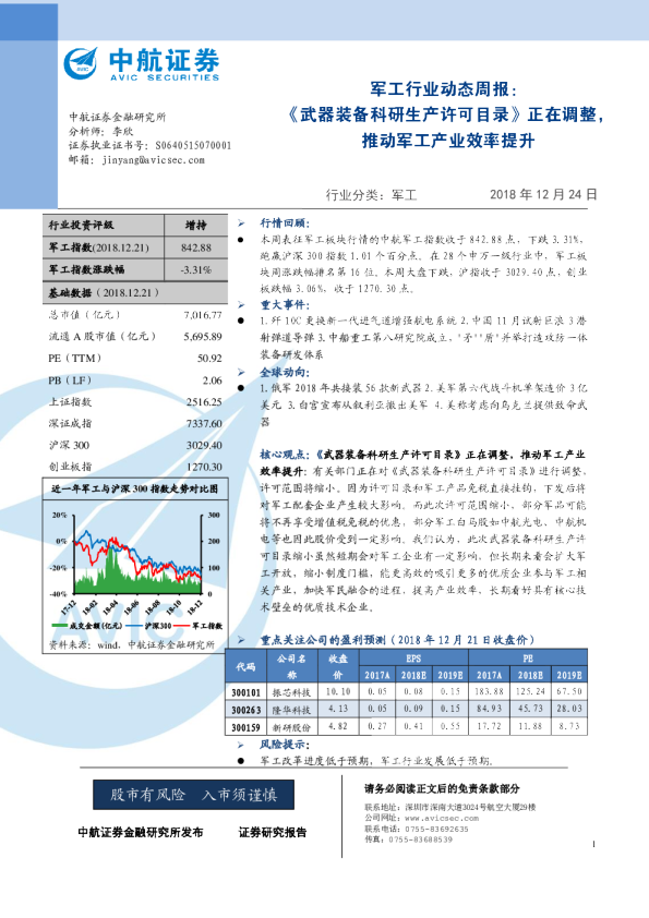 军工行业动态周报：《武器装备科研生产许可目录》正在调整，推动军工产业效率提升