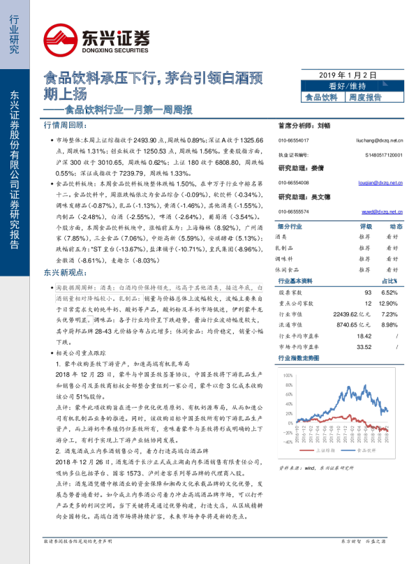 食品饮料行业一月第一周周报：食品饮料承压下行，茅台引领白酒预期上扬