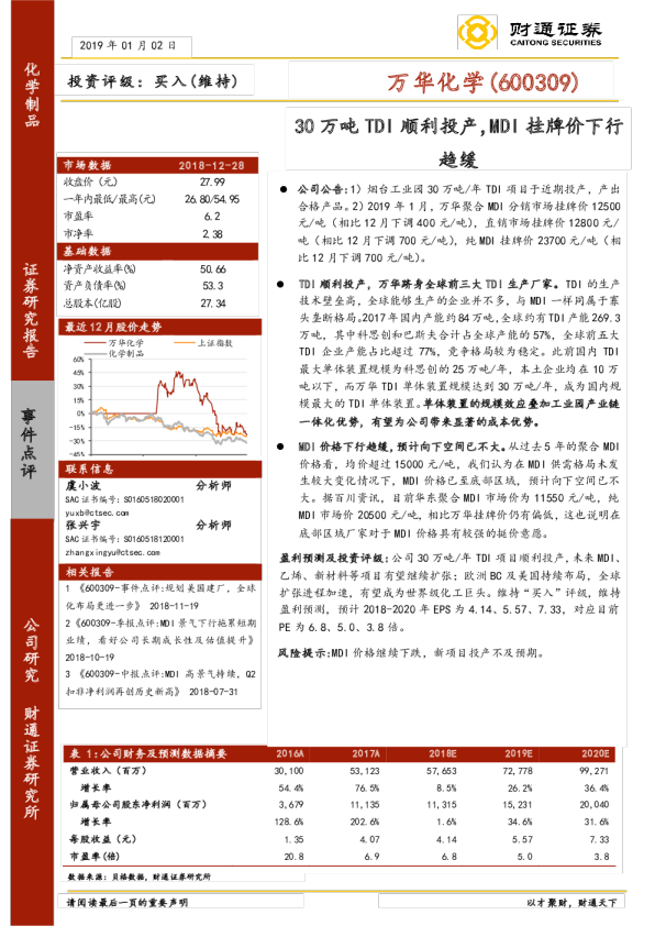 30万吨TDI顺利投产，MDI挂牌价下行趋缓