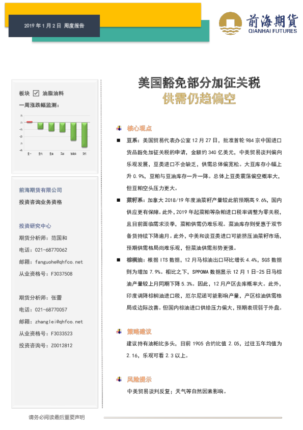 美国豁免部分加征关税 供需仍趋偏空