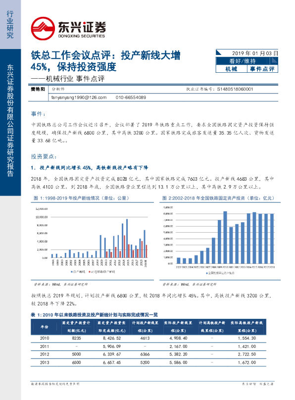 机械行业事件点评：铁总工作会议点评：投产新线大增45%，保持投资强度