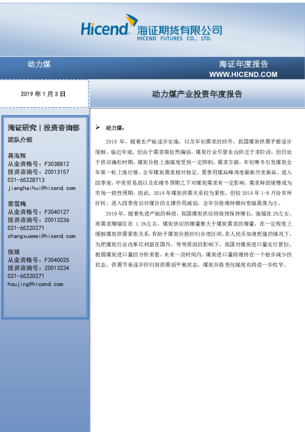 动力煤产业投资年度报告