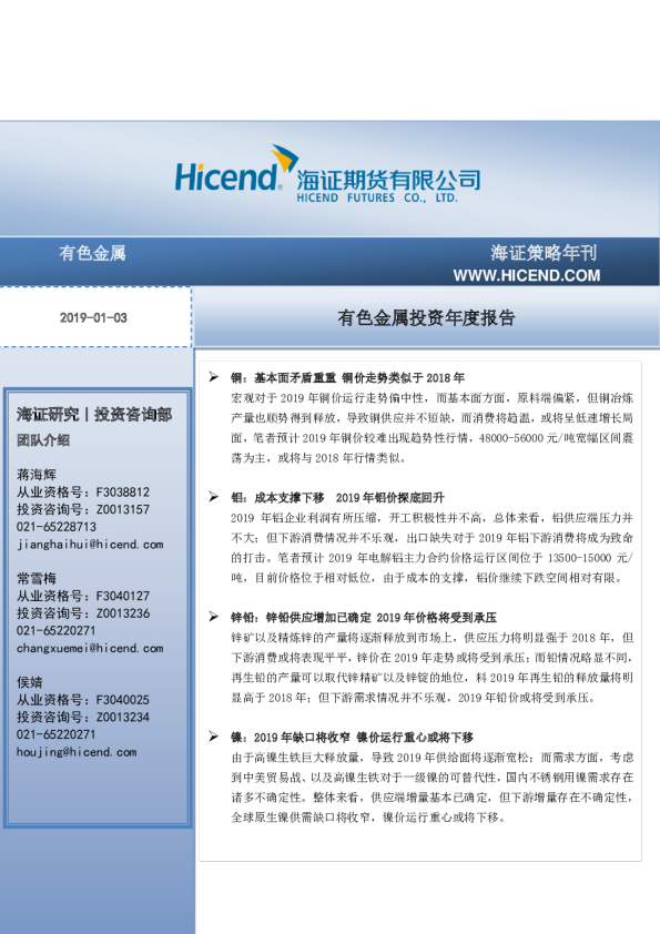 有色金属投资年度报告