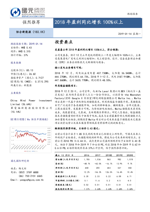 2018年盈利同比增长100％以上