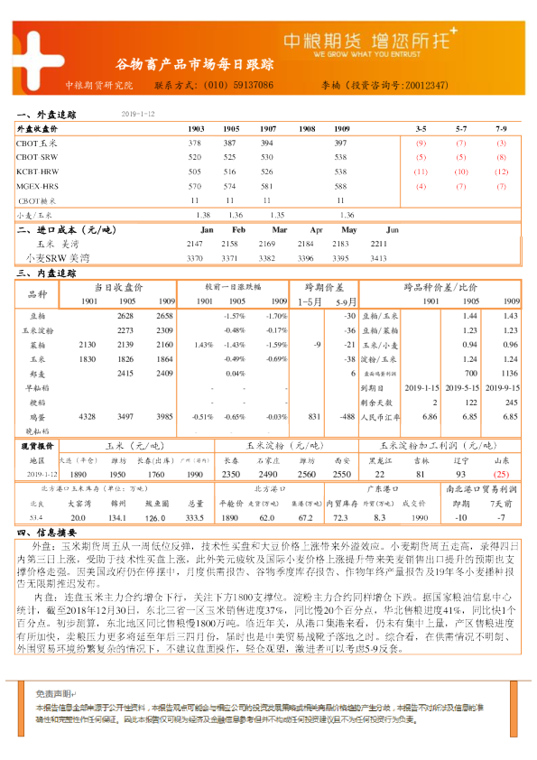 谷物畜产品市场每日跟踪