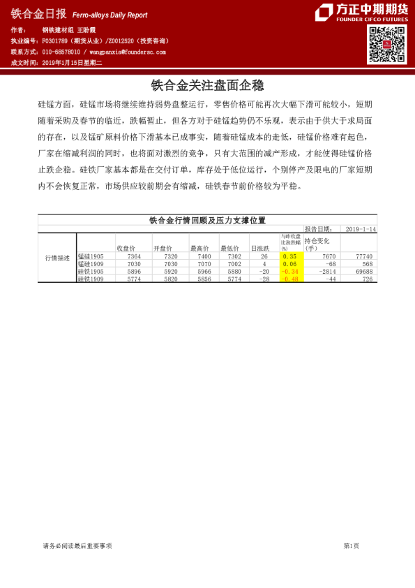铁合金日报：铁合金关注盘面企稳