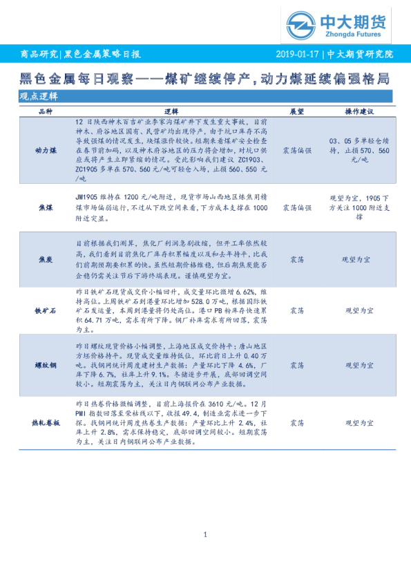 黑色金属每日观察：煤矿继续停产，动力煤延续偏强格局