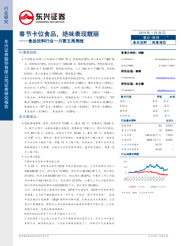 食品饮料行业一月第五周周报：春节卡位食品，绝味表现靓丽