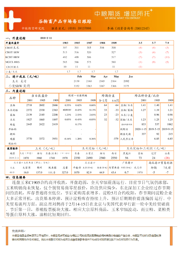 谷物畜产品市场每日跟踪