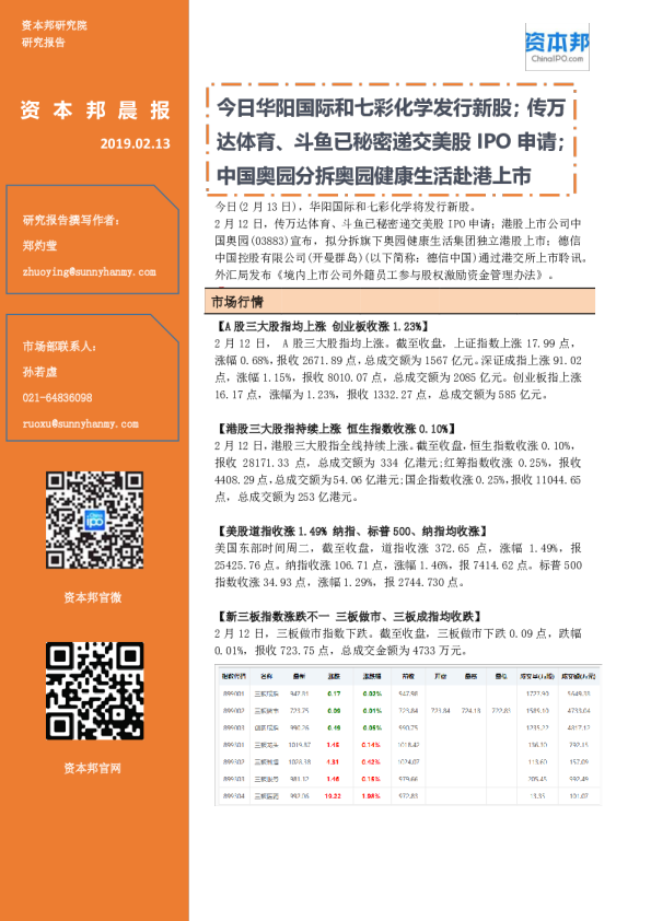 资本邦晨报：今日华阳国际和七彩化学发行新股；传万达体育、斗鱼已秘密递交美股IPO申请；中国奥园分拆奥园健康生活赴港上市
