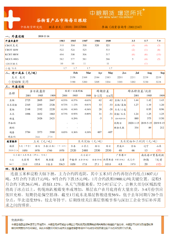 谷物畜产品市场每日跟踪