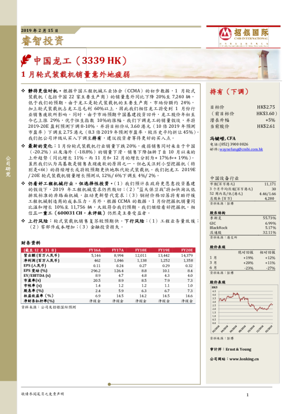 1月轮式装载机销量意外地疲弱