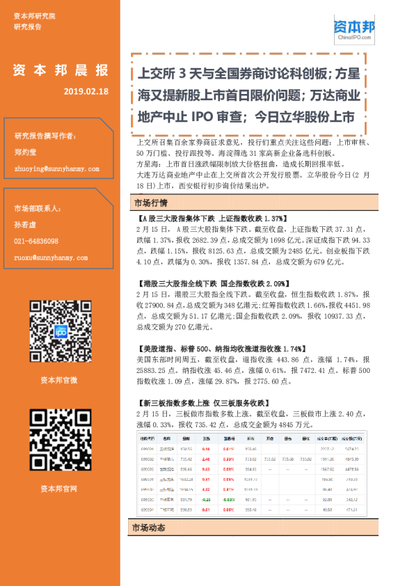 资本邦晨报：上交所3天与全国券商讨论科创板；方星海又提新股上市首日限价问题；万达商业地产中止IPO审查；今日立华股份上市