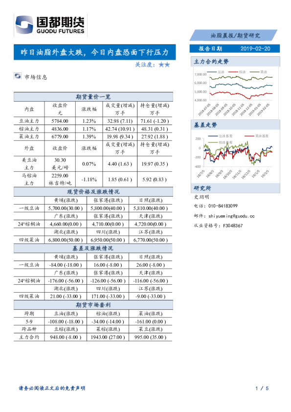 油脂晨报：昨日油脂外盘大跌，今日内盘恐面下行压力