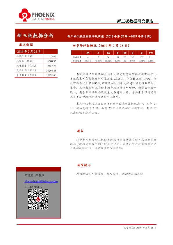 新三板个股流动性评级周报（2018年第52周～2019年第8周）