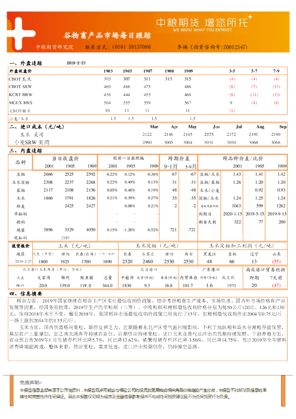 谷物畜产品市场每日跟踪