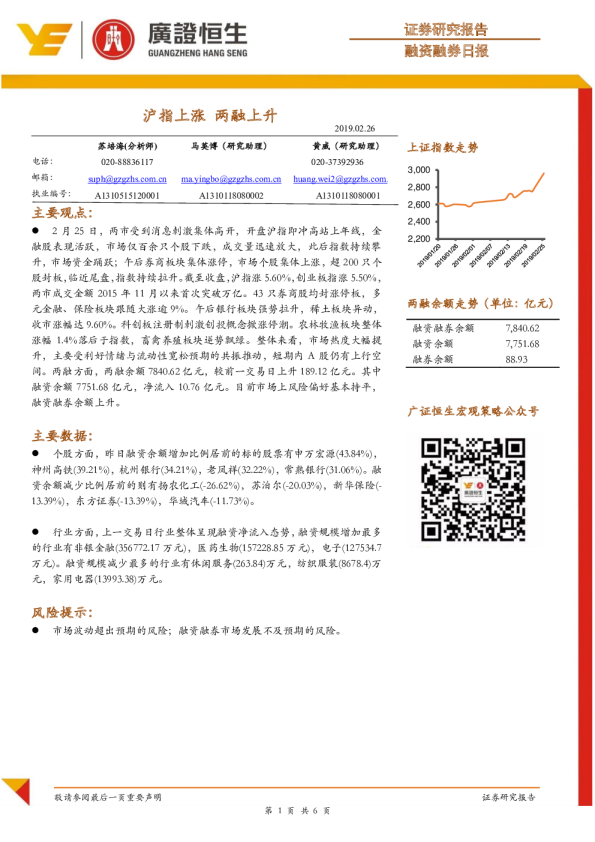 沪指上涨，两融上升