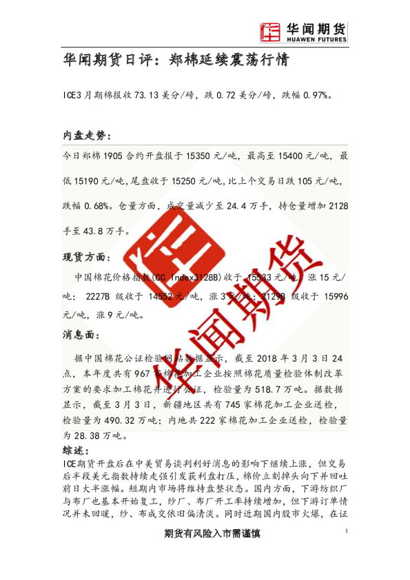 日评：郑棉延续震荡行情
