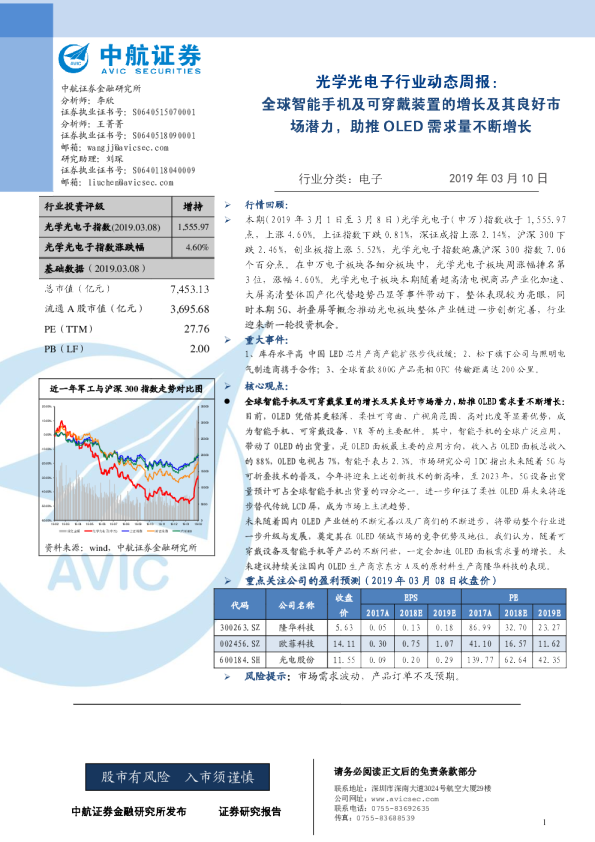 光学光电子行业动态周报：全球智能手机及可穿戴装置的增长及其良好市场潜力，助推OLED需求量不断增长