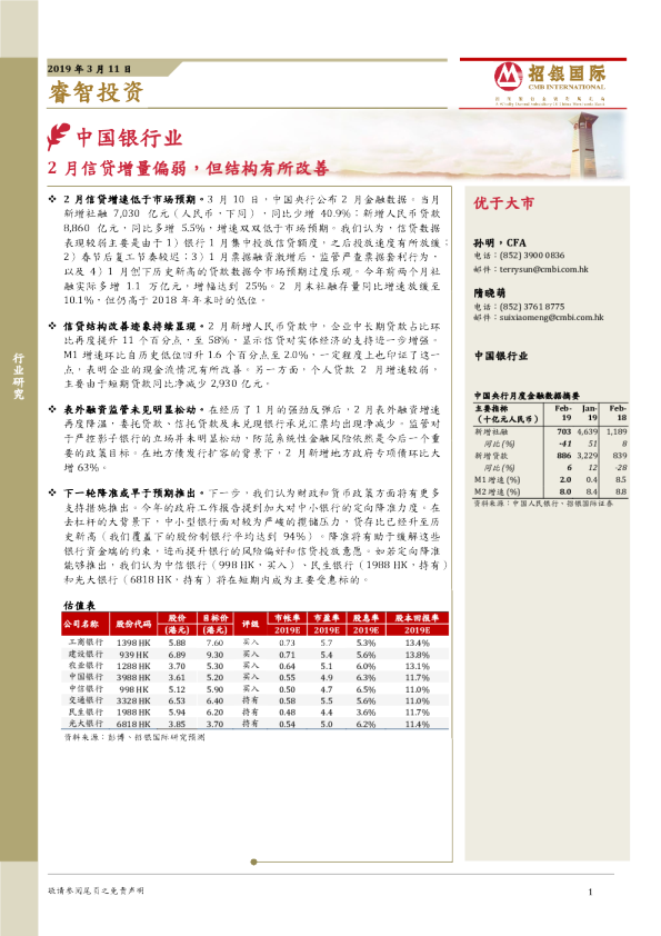 中国银行业：2月信贷增量偏弱，但结构有所改善