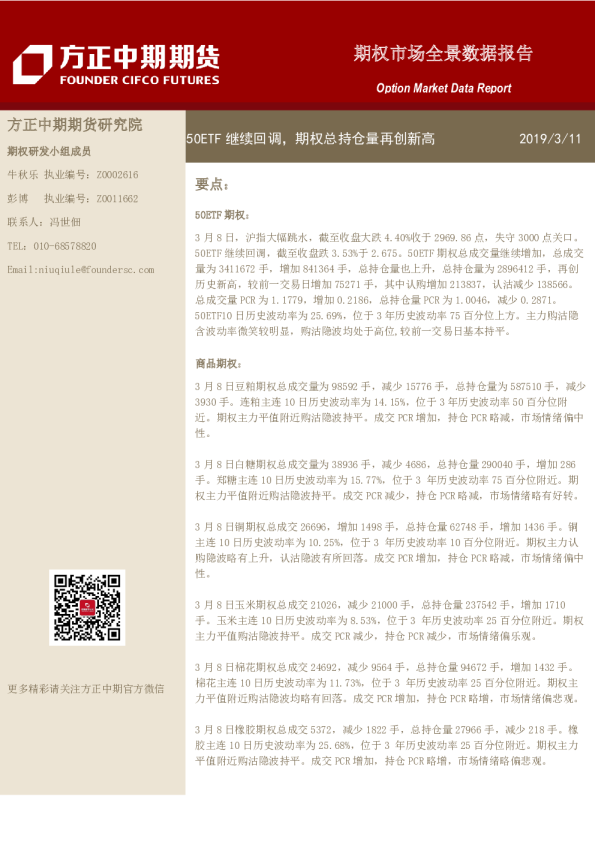 期权市场全景数据报告：50ETF继续回调，期权总持仓量再创新高