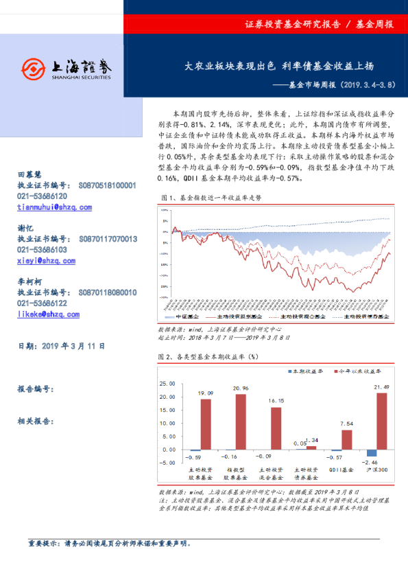 基金市场周报：大农业板块表现出色 利率债基金收益上扬