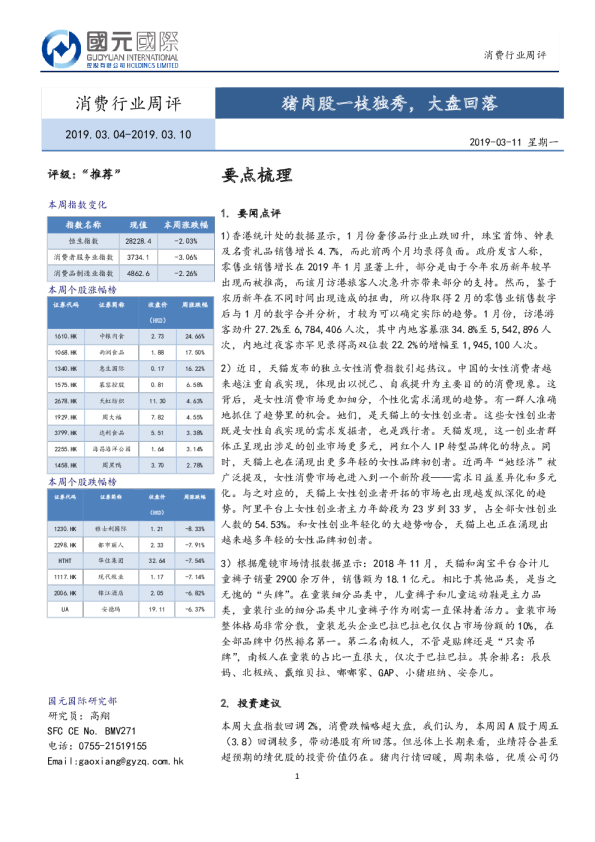 消费行业周评：猪肉股一枝独秀，大盘回落
